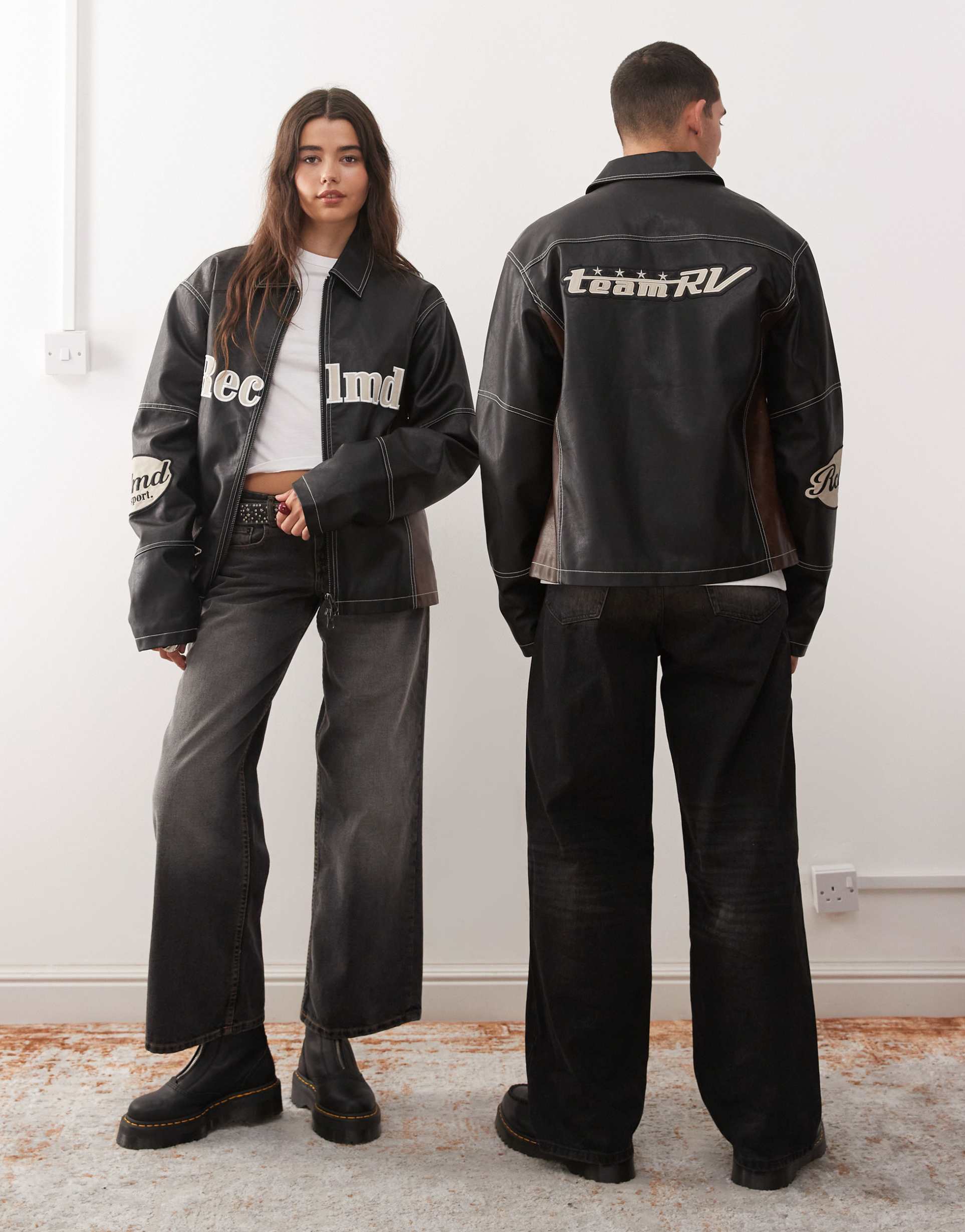 reclaimed vintage unisex leather look moto jacket in black and brown