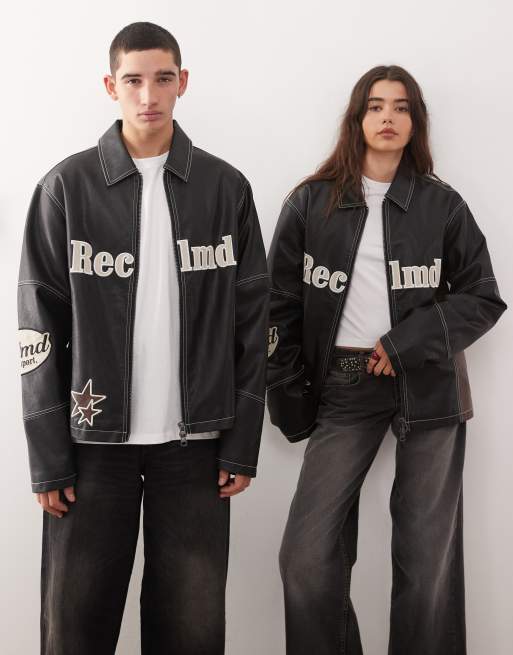 Reclaimed Vintage unisex leather look moto jacket in black and brown, 3 of 4