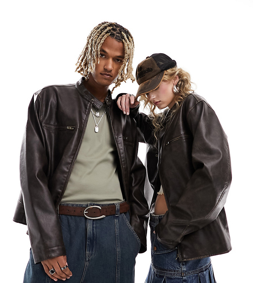 unisex leather look moto jacket in washed brown