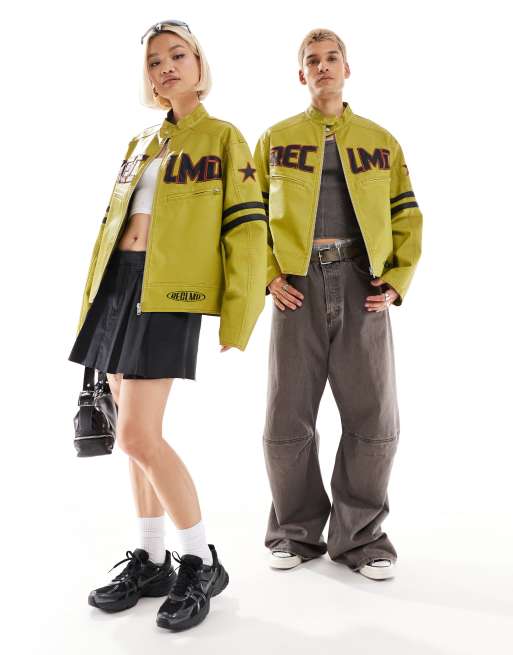 Reclaimed Vintage unisex leather look motor jacket in washed green, 2 of 4