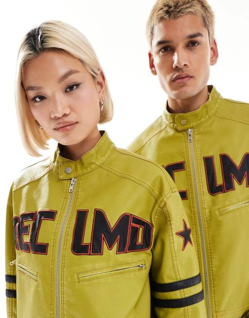 Reclaimed Vintage unisex leather look motor jacket in washed green, 3 of 4
