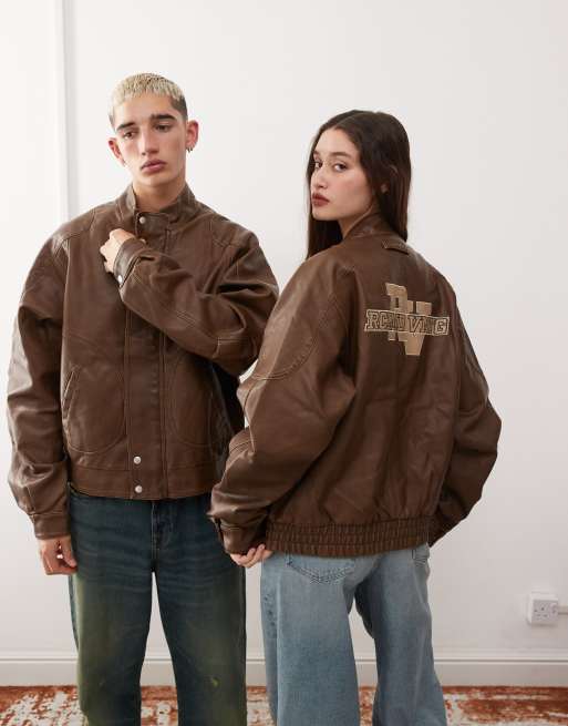 Reclaimed Vintage unisex leather look washed dad bomber jacket with branding
