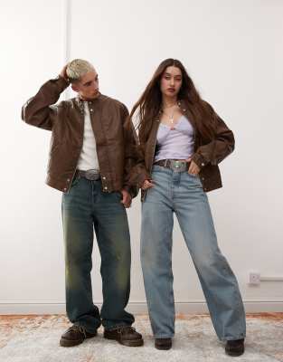 Reclaimed Vintage unisex leather look washed dad bomber with branding