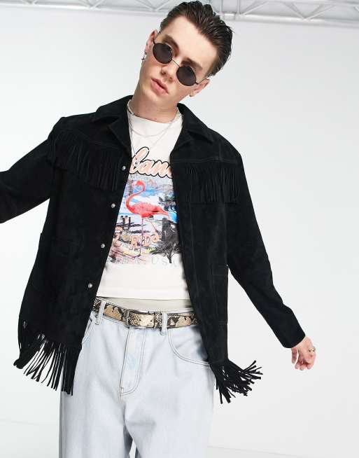 Reclaimed Vintage unisex limited edition suede jacket with fringing in black