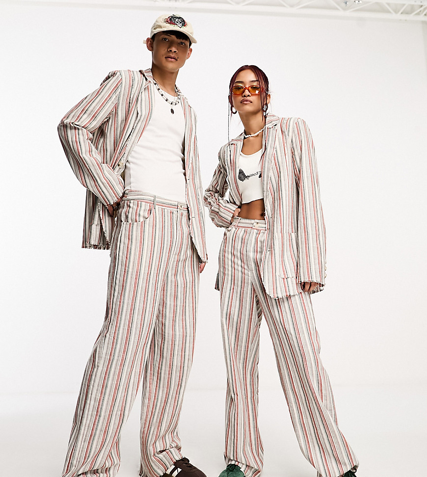 Reclaimed Vintage unisex limited edition suit pants in summer stripe with fraying-Multi