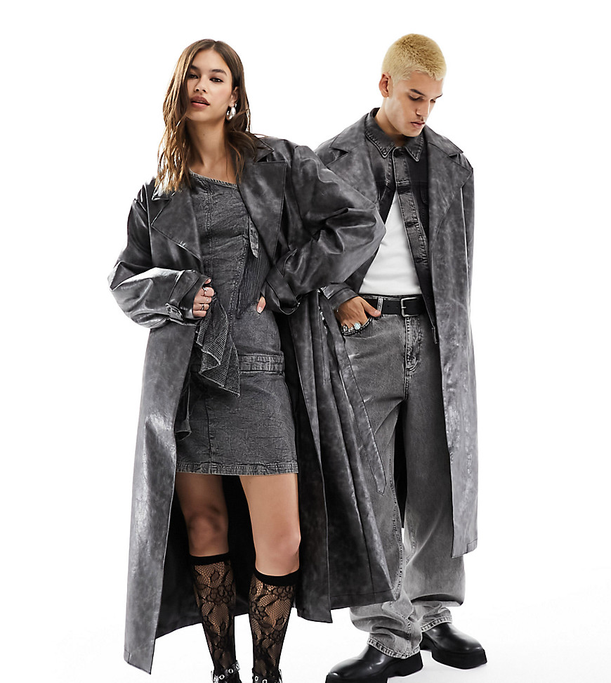Reclaimed Vintage Unisex Limited Edition Washed Faux Leather Trench Coat With D Ring Detail In Charcoal-gray