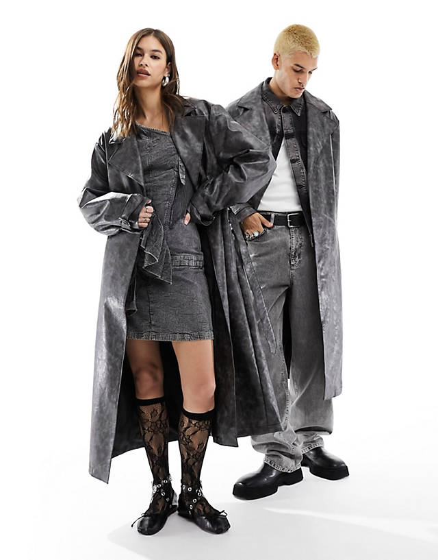Reclaimed Vintage - unisex limited edition washed leather look trench coat with d ring detail in charcoal
