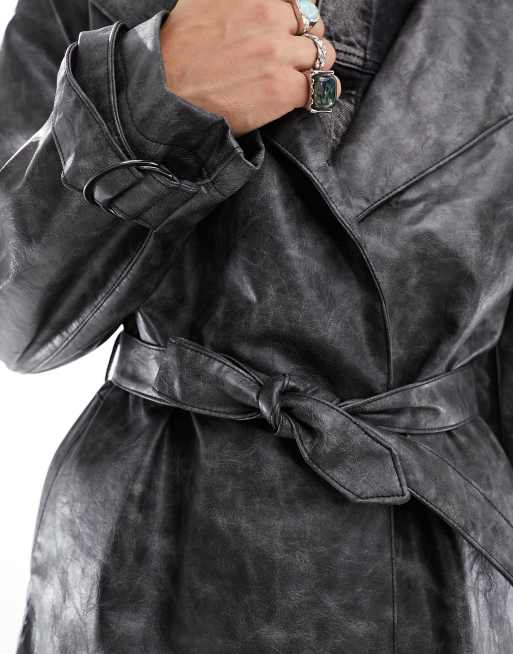 Reclaimed Vintage unisex limited edition washed leather look trench coat with D ring detail in charcoal