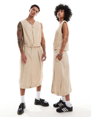 Reclaimed Vintage Unisex Linen Look Midi Skirt In Stone-brown
