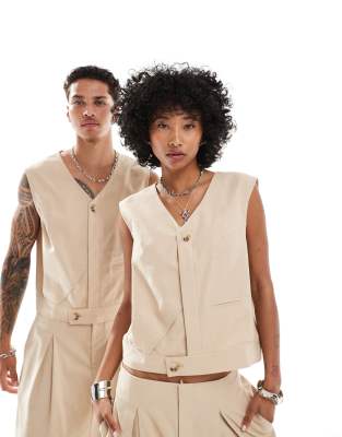 Reclaimed Vintage Unisex Linen Look Tailored Vest In Stone-brown