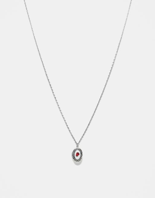 Reclaimed Vintage unisex locket pendant necklace with rose in silver
