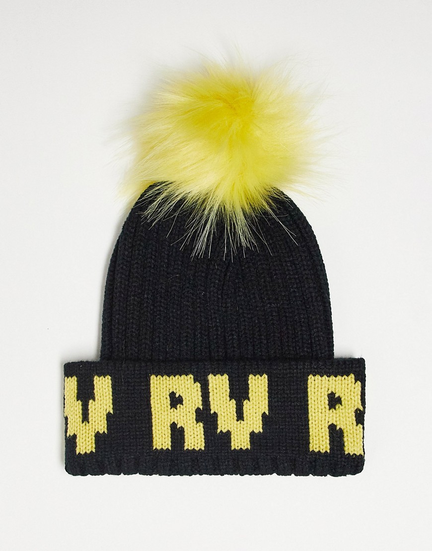 Reclaimed Vintage Unisex Logo Beanie Hat With Faux Fur Pom Pom In Black And Yellow