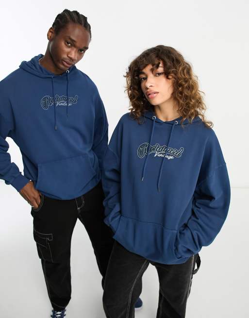 Reclaimed unisex hoodie in navy | ASOS pocket kangaroo logo Vintage