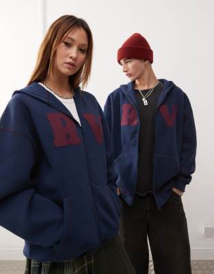 unisex logo zip through hoodie in navy-Blue