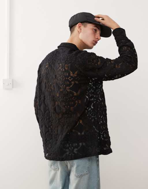 Reclaimed Vintage unisex long sleeve lace shirt in black, 4 of 4