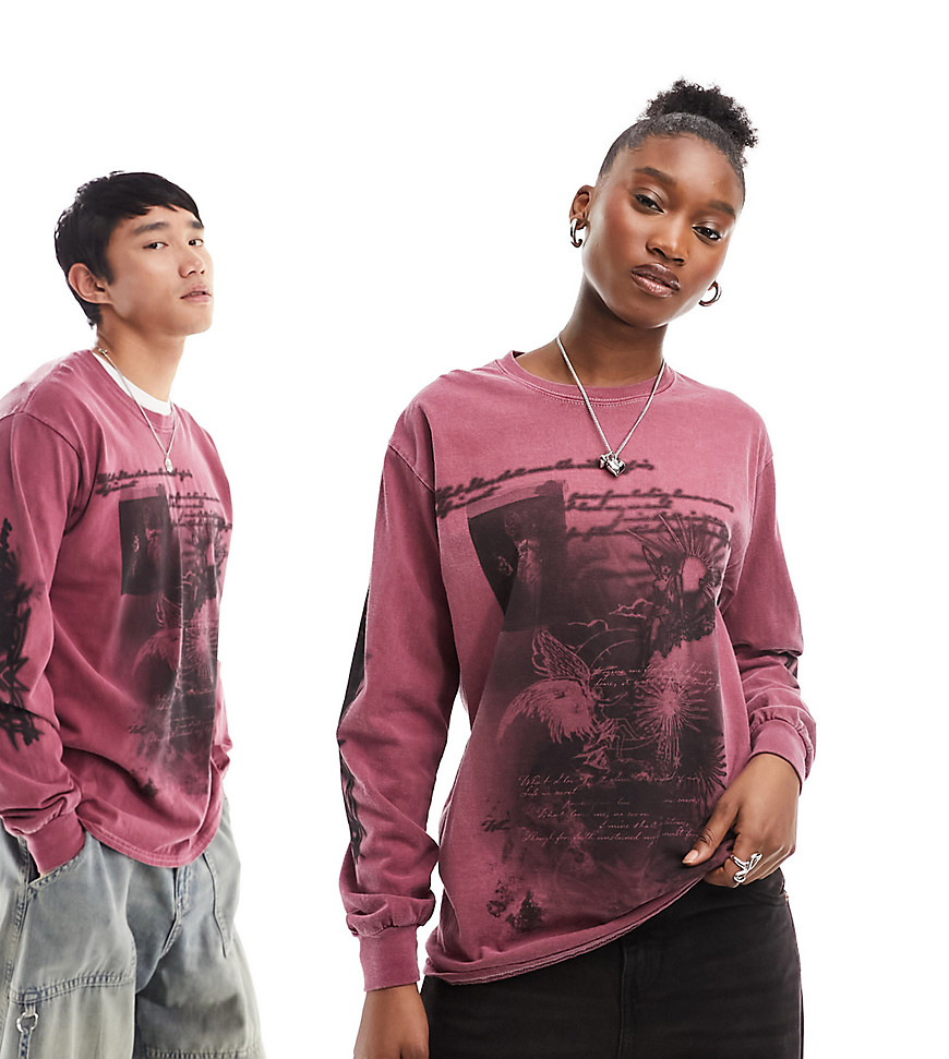 Reclaimed Vintage Unisex Long Sleeve Oversized T-shirt With Blur Graphic In Burgundy-red