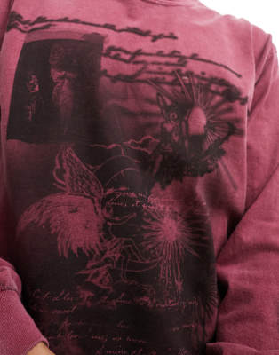 Reclaimed Vintage unisex long sleeve oversized t-shirt with blur graphic in burgundy