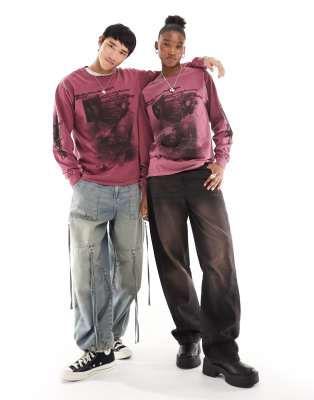 Reclaimed Vintage unisex long sleeve oversized t-shirt with blur graphic in burgundy