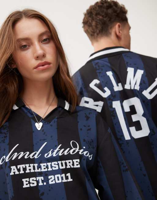 Reclaimed Vintage unisex long sleeve rugby top with logo in navy stripe ...