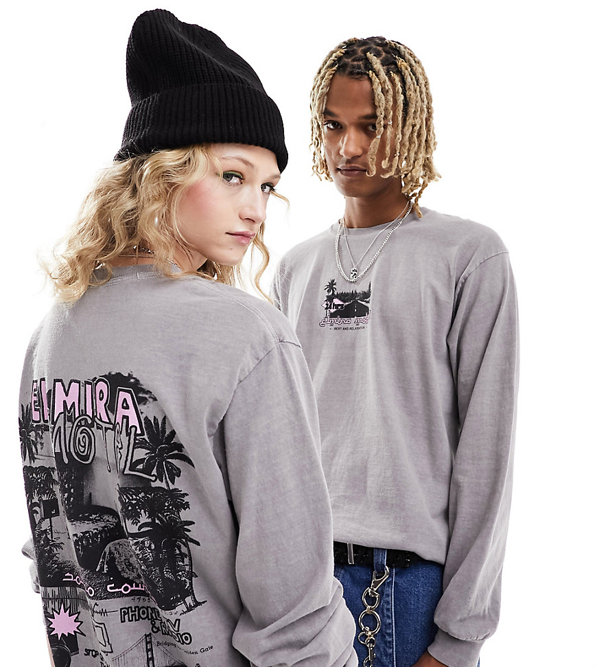 Reclaimed Vintage Unisex Long Sleeve Skate T-shirt With Back Graphic In Gray