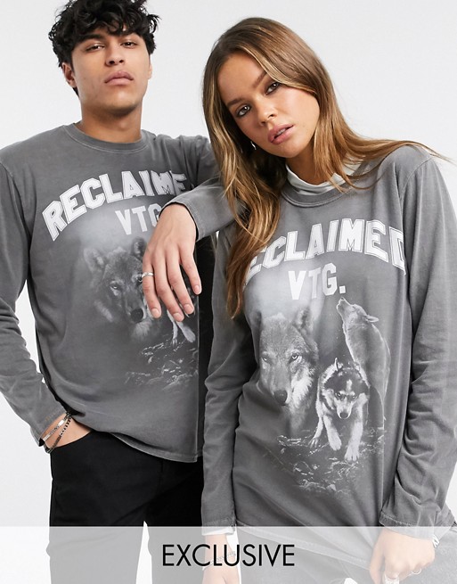Reclaimed vintage unisex long sleeve top with wolf print