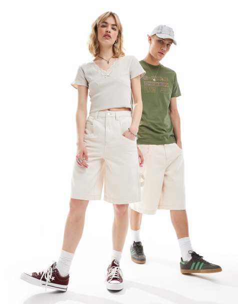 Reclaimed Vintage unisex longer length denim carpenter jorts in ecru - view 1