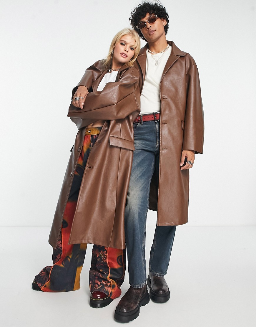 Reclaimed Vintage unisex longline leather look jacket in tan-Brown