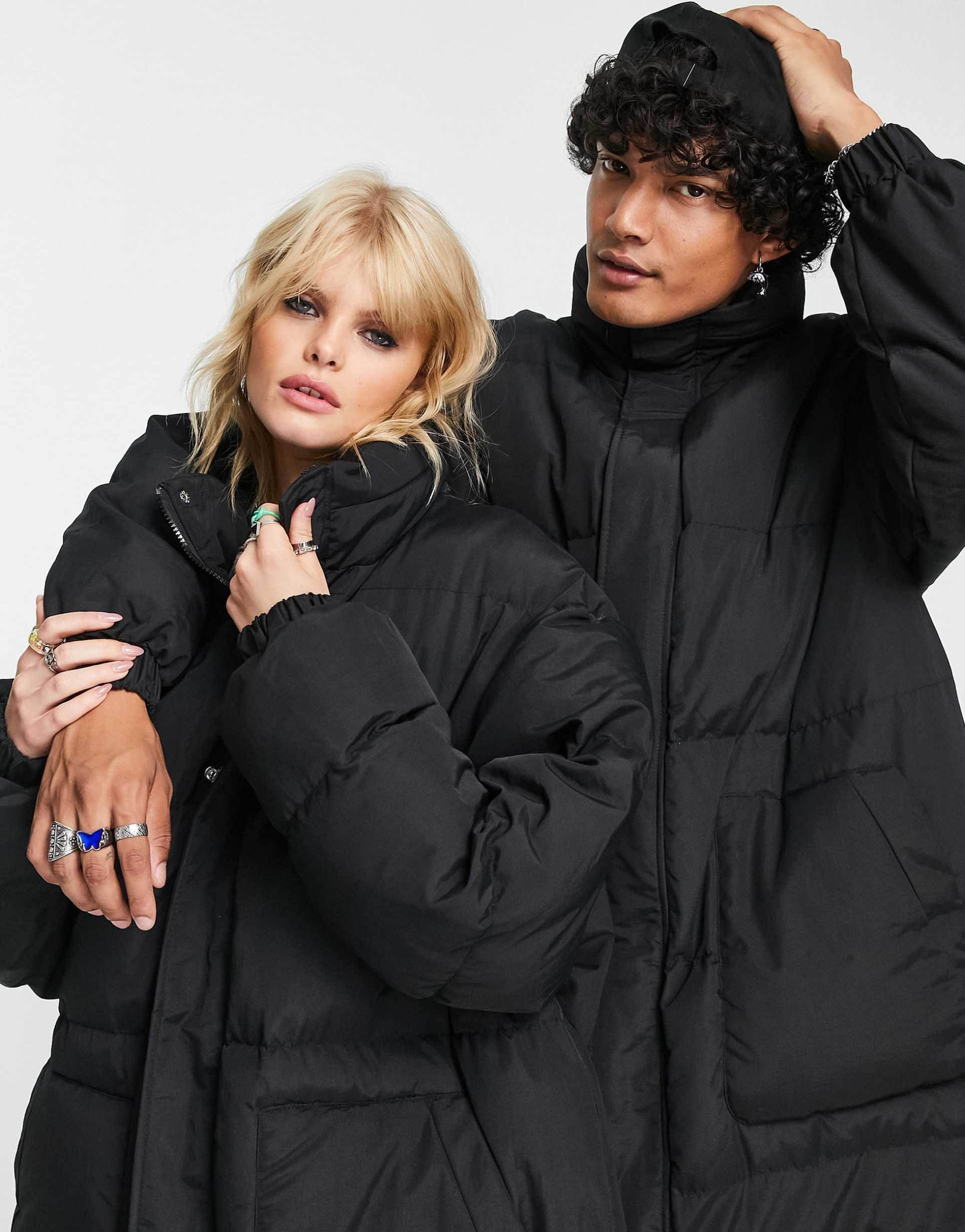 Reclaimed Vintage unisex longline puffer in black view 4