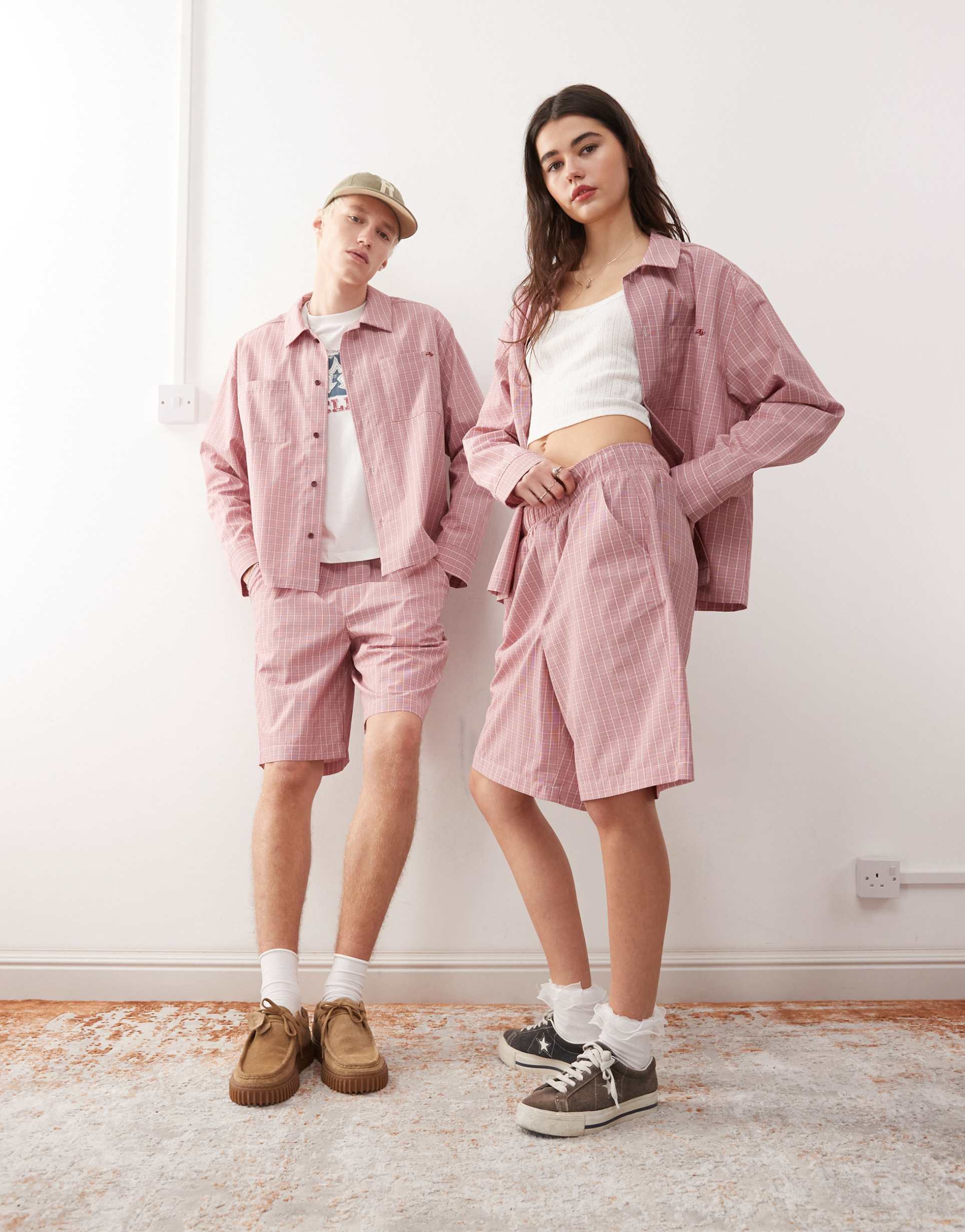 reclaimed vintage unisex longline shorts in red plaid - part of a set