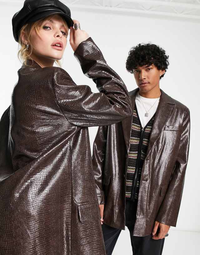 Reclaimed Vintage unisex longline vinyl blazer in brown croc