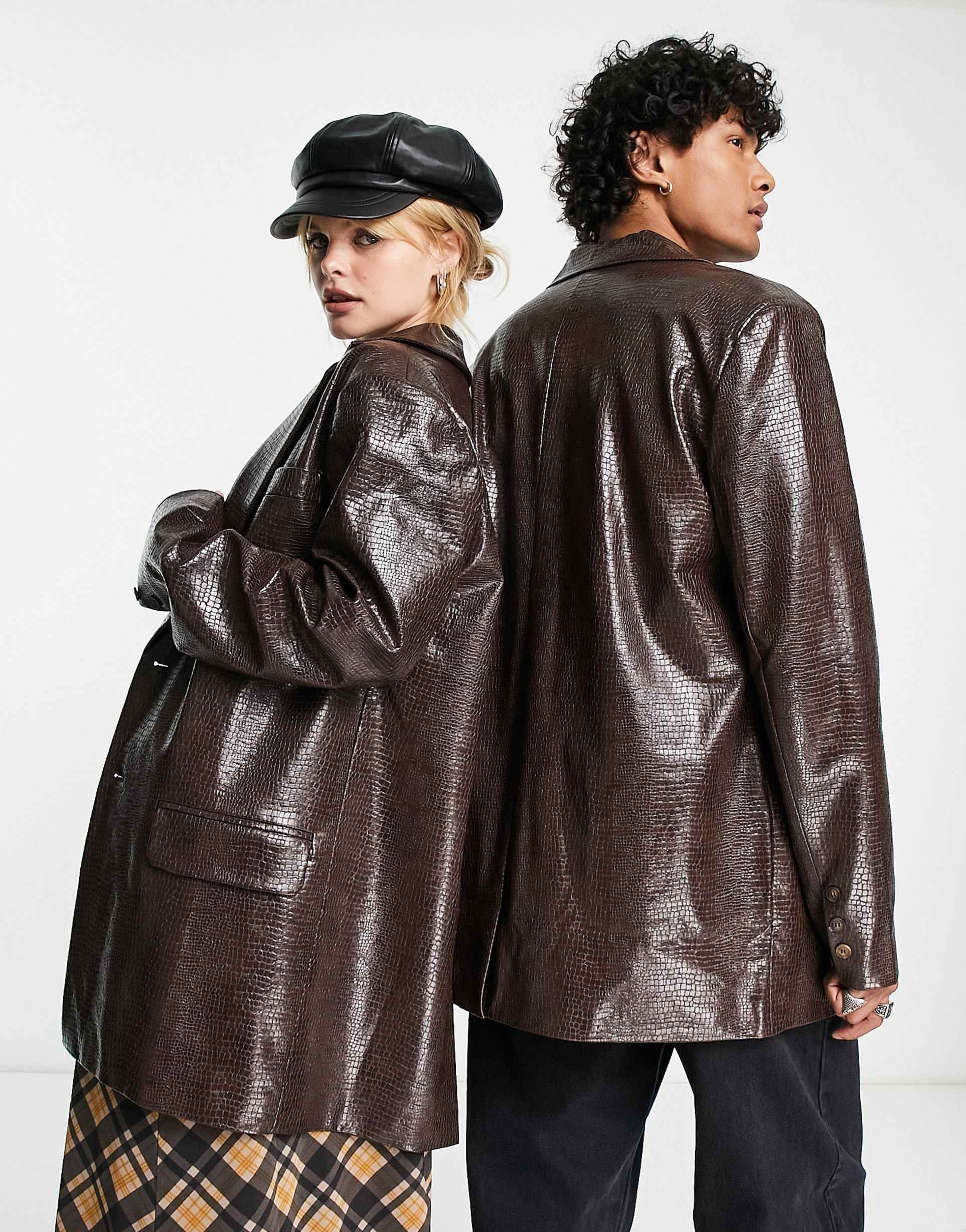 Reclaimed Vintage unisex longline vinyl blazer in brown croc view 3