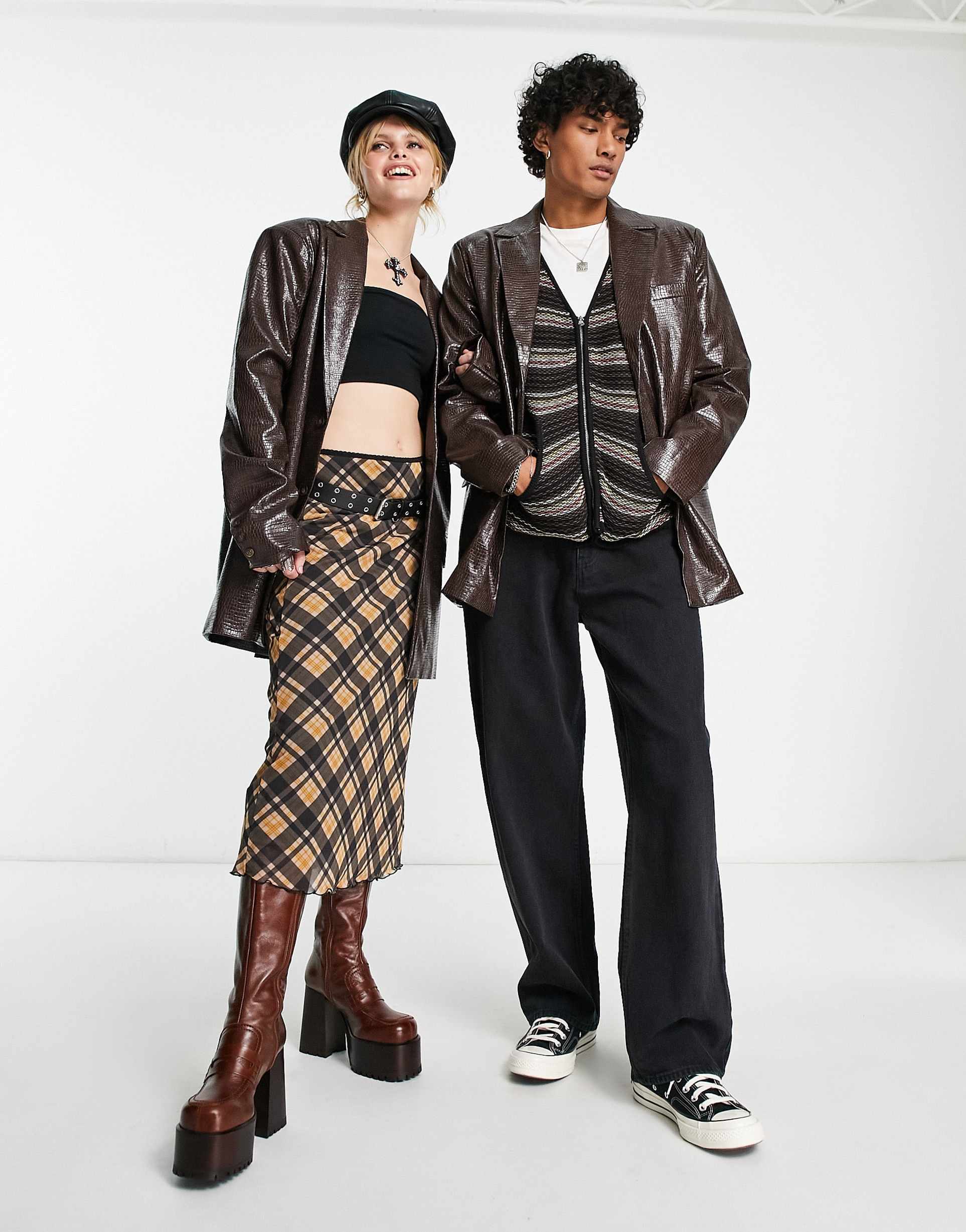 Reclaimed Vintage unisex longline vinyl blazer in brown croc view 4