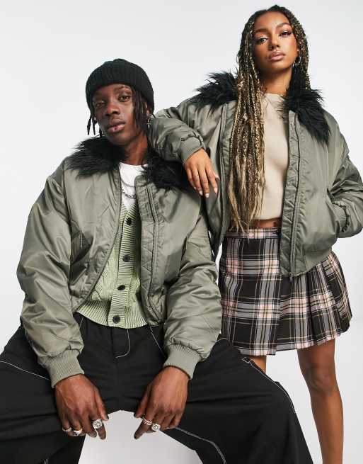 Reclaimed Vintage unisex MA1 jacket with faux fur trim in khaki | ASOS