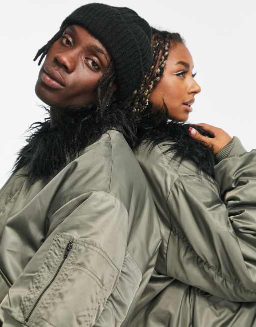 Reclaimed Vintage unisex MA1 jacket with faux fur trim in khaki | ASOS