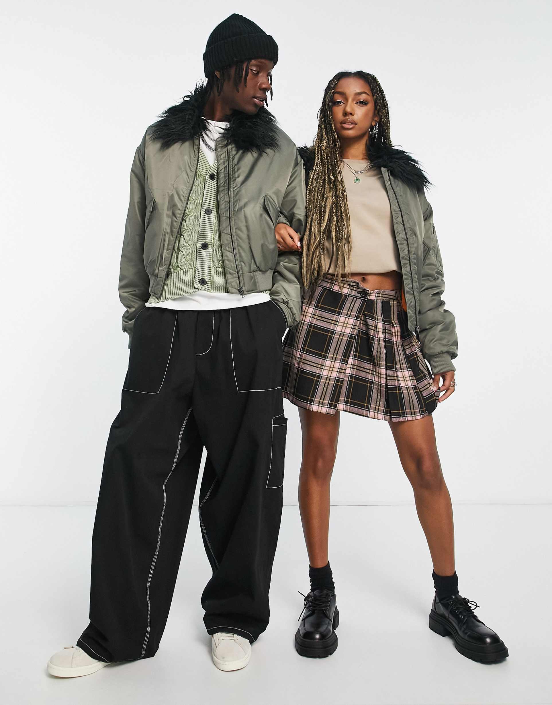 Reclaimed Vintage unisex MA1 jacket with faux fur trim in khaki view 4