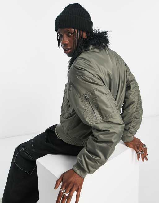 Reclaimed Vintage unisex MA1 jacket with faux fur trim in khaki | ASOS