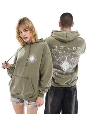 Reclaimed Vintage Unisex Mandala Celestial Hoodie In Washed Khaki-green