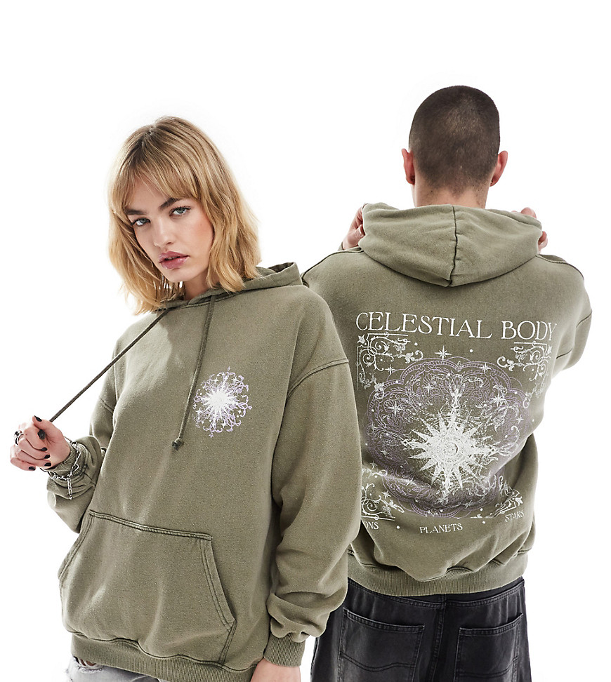 Reclaimed Vintage unisex mandala celestial hoodie in washed khaki-Green