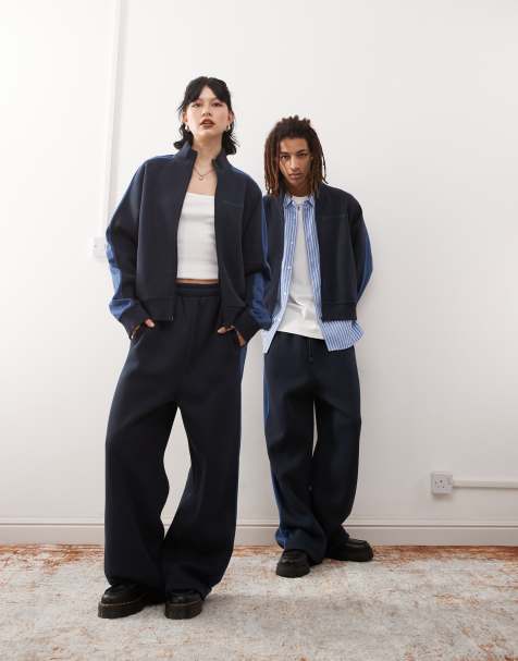 Reclaimed Vintage – Unisex – Marinblå mjukisbyxor med sidoränder - view 1