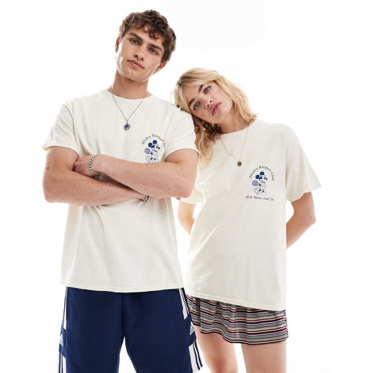 Reclaimed Vintage unisex Mickey Mouse tennis t shirt in off white ASOS