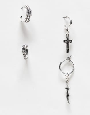 Reclaimed Vintage Reclaimed Vintage unisex mix and match silver huggie hoop earrings and cuff
