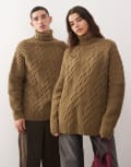[Reclaimed Vintage] Reclaimed Vintage Unisex mixed cable knitted roll neck jumper in khaki-Neutral 2XL Camel