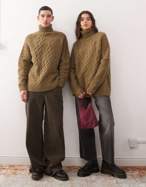 Reclaimed Vintage Unisex mixed cable knitted roll neck jumper in khaki , 2 of 4
