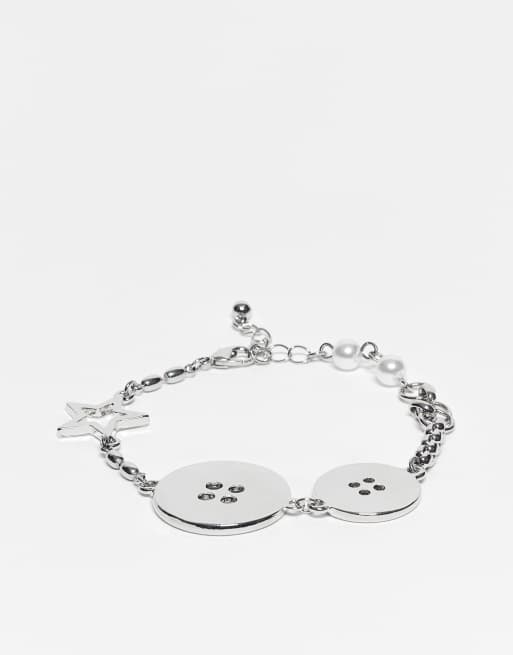 Reclaimed Vintage unisex mixed chain button charm bracelet in silver