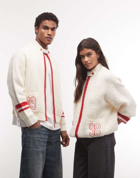 Reclaimed Vintage unisex-modell cremefärgad flätstickad tröja med dragkedja och ståkrage med siffermotiv - view 1