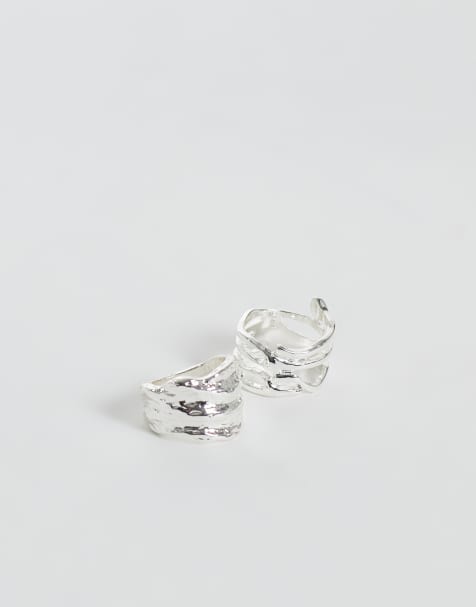 Reclaimed Vintage Unisex molten metal rings 2 pack in silver tone - view 1