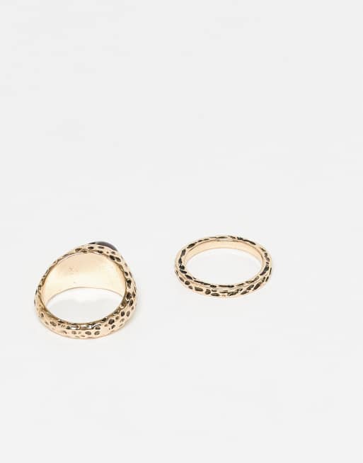 Reclaimed Vintage unisex molten ring 2 pack with faux red stone in gold, 2 of 3