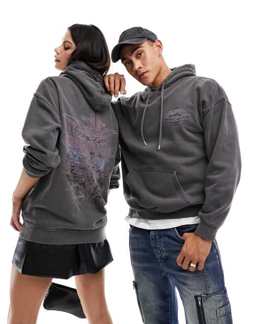 Reclaimed Vintage – Unisex – Mörkgrå huvtröja med rocktryck 