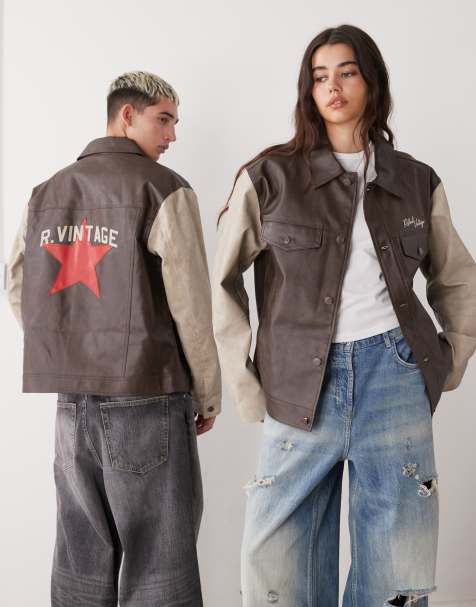 Reclaimed Vintage unisex moto leather look bomber jacket in brown with star embroidery - view 1