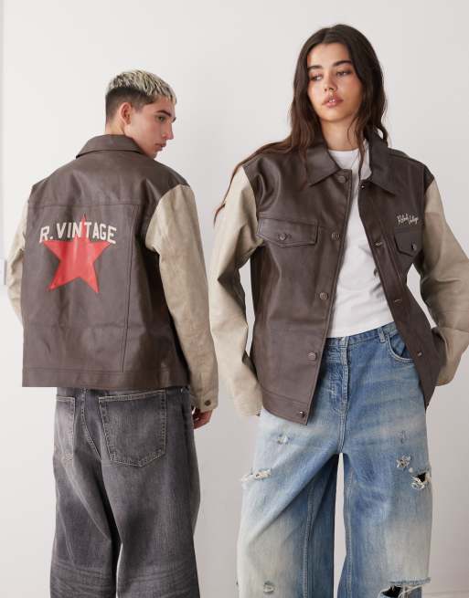 Reclaimed Vintage unisex motor leather look bomber jacket in brown with star embroidery